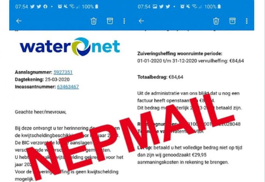 Let op: er is een spookfactuur in omloop van waterbedrijf Waternet