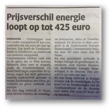 Artikel uit het Eindhovens Dagblad over onderzoek uitgevoerd door De Vastelastenbond. 
